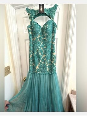 Sherri Hill Teal Embroidered Gown